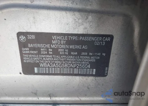 2013 BMW 328I z USA, uszkodzony, nr VIN WBA3A5G58DNP25604